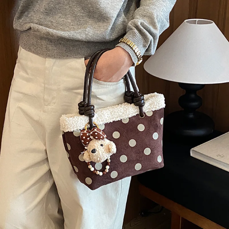 New Autumn Winter Handbag Polka Dot Print Suede Crossbody Bag Vintage Plush Edge Design Cute Bucket Bag Dating Party Daily Bag