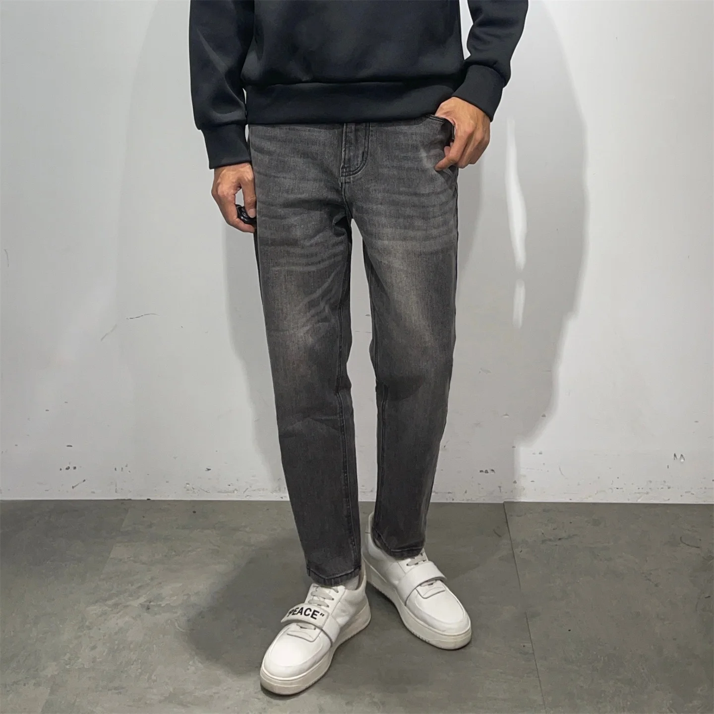 

G Series Men's Elastic Cotton Denim Jeans mid Waist Washed Straight Leg Nine Point Half Length Thickened Casual Wear