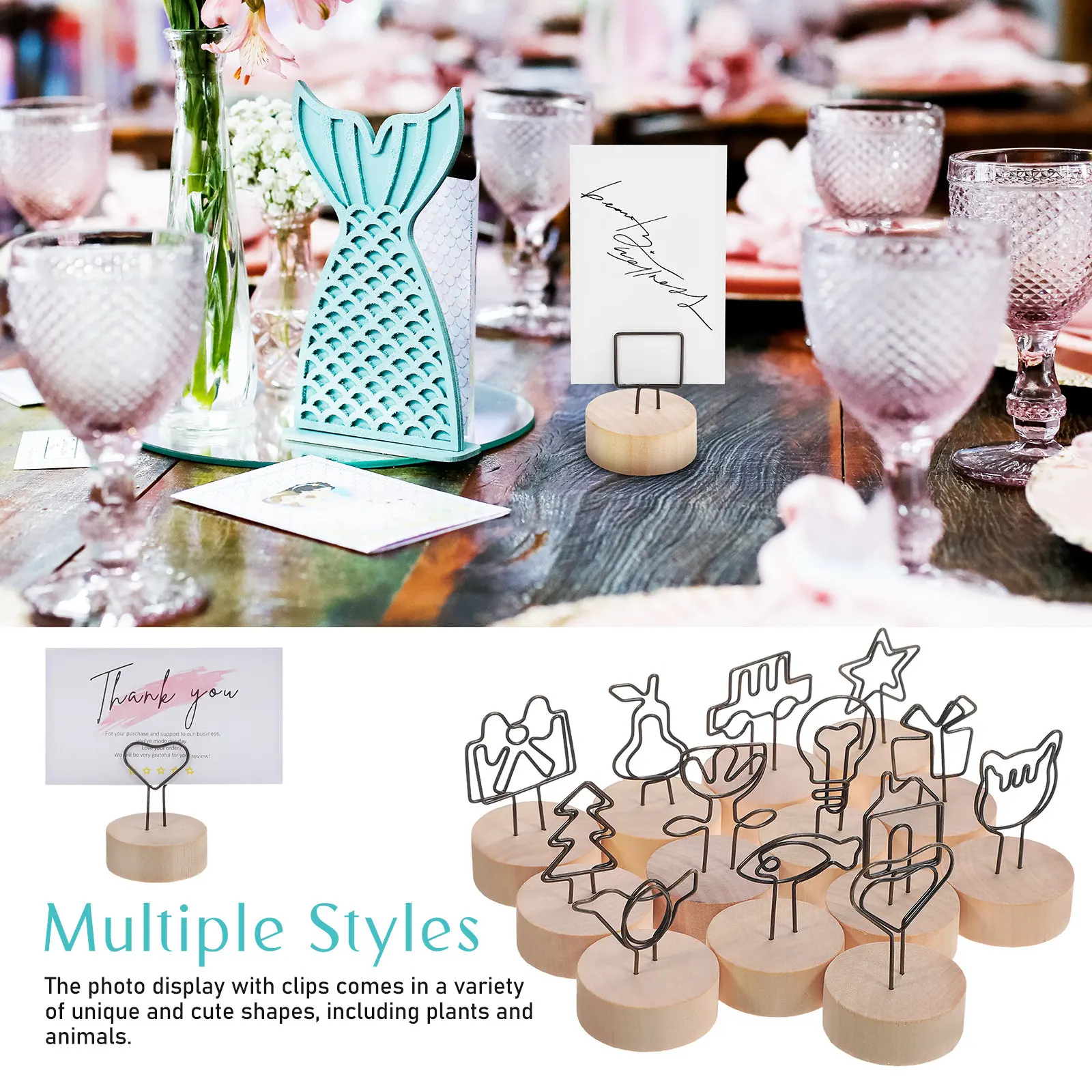 13Pcs Wooden Photo Display Clips Card Holders Compact Stable Strong Grip Picture Holders for Wedding Tabletop Desk Memo Notes