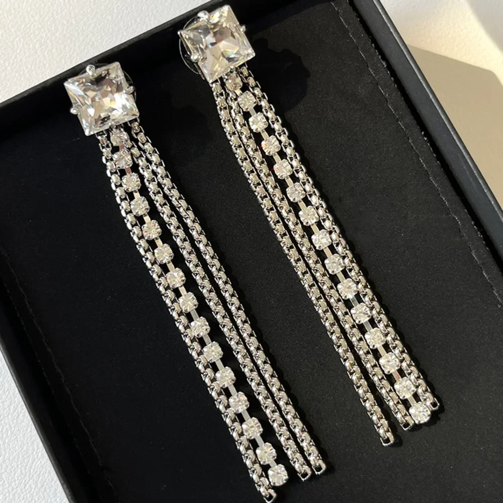 

Square Crystal Tassel Pendant Long Earrings Women Designer Top Quality Lovely Party Luxury Jewelry