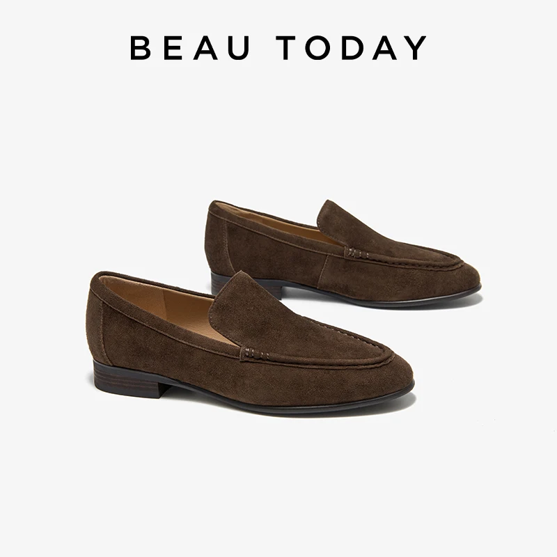 

BEAUTODAY Retro Loafers Women Sheep Suede Leather Round Toe Low Heel Solid Colors Flats Casual Female Shoes Handmade 26286