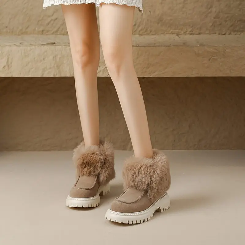 TOTOMELA Size 34-40 Snow Boots Women Rabbit Fur Platform Winter Boots Thick Fur Warm Ladies Ankle Boots Retro Ladies Shoes