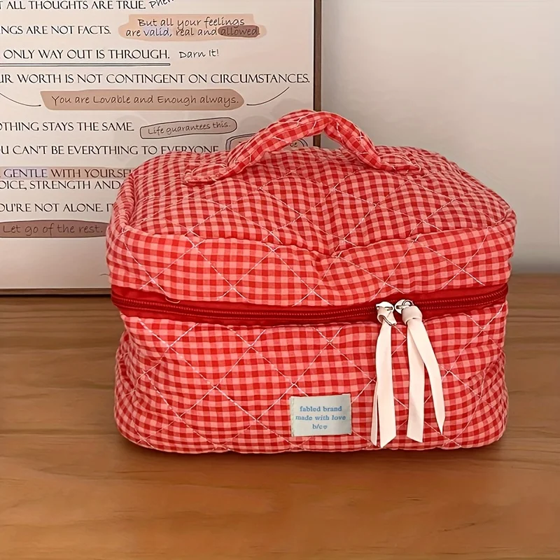 Karierte Make-up-Tasche, große Kapazität, tragbare Kosmetiktasche für Frauen und Mädchen, Hautpflege-Kulturbeutel, multifunktional, niedliche Geldbörse – Detail 8