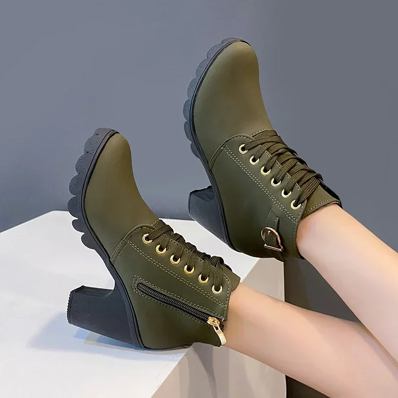 New Autumn Winter Women Pumps Boots High Quality Lace-up European Ladies Ankle Boots PU High Heels Boots Fast Delivery