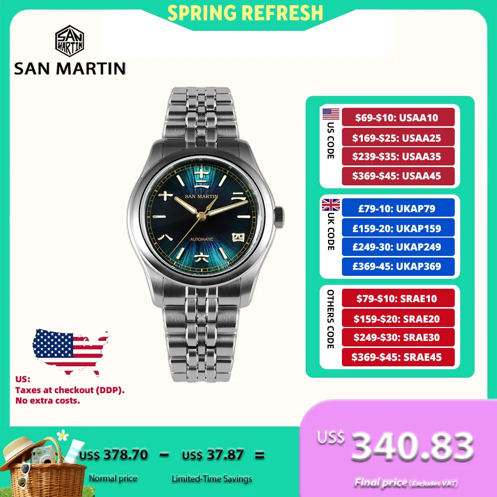 

San Martin 39mm Enamel Sunray JianZhan Dial Men GADA Watch 90S5 Automatic BGW-X1 10Bar Sapphire 5-Link Bracelet SN0144CG