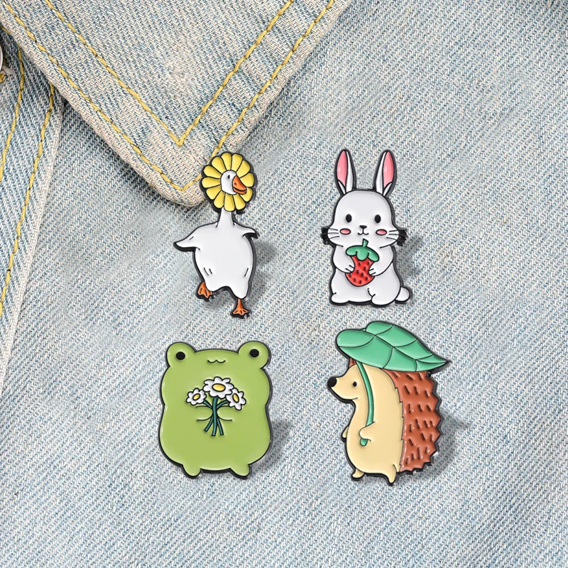 Cute Animals Enamel Pins Custom Rabbit Frog Hedgehog Goose Brooches Lapel Badges Animal Jewelry Gift for Kids Friends