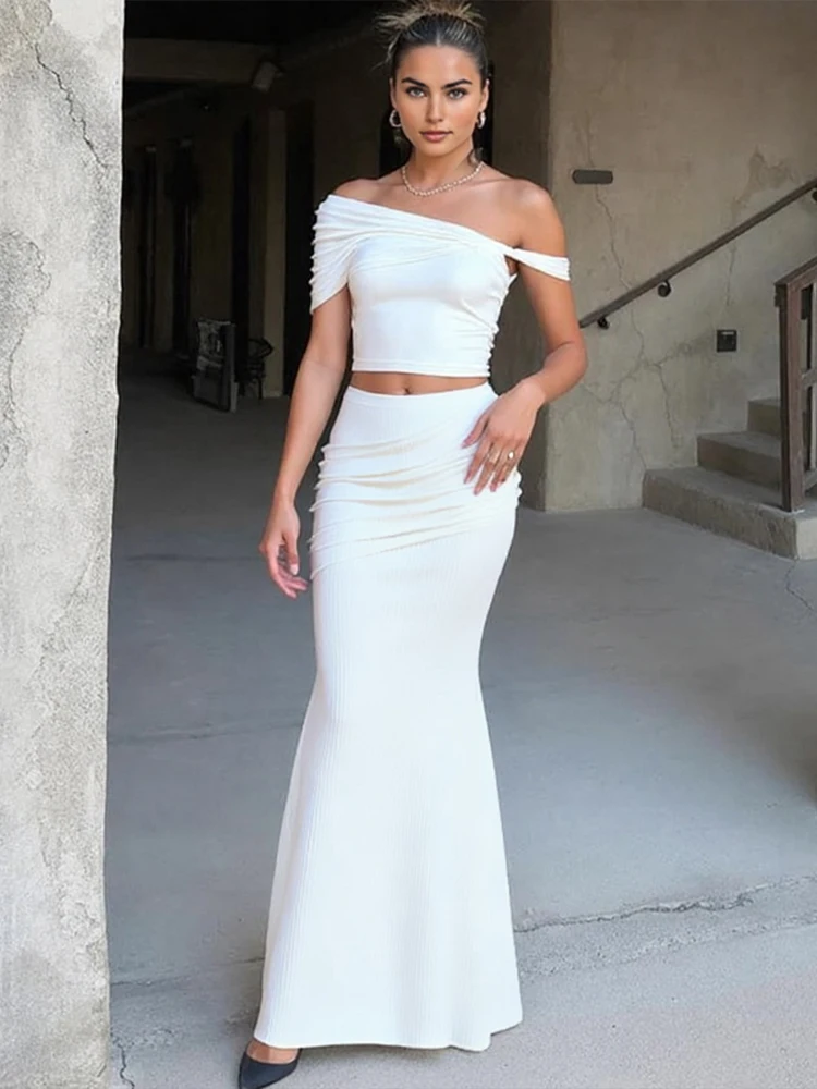 

Macheda женский элегантный комплект из 2 предметов с рюшами и косым воротником с открытой спиной, укороченный топ + длинные юбки, трендовые наряды в пляжном стиле для отпуска