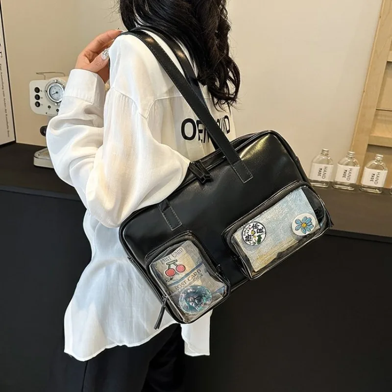 Richme-Sacs fourre-tout Y2K pour femmes, uniforme JK esthétique, badge transparent, sac de transport grande capacité pour étudiants, mode féminine