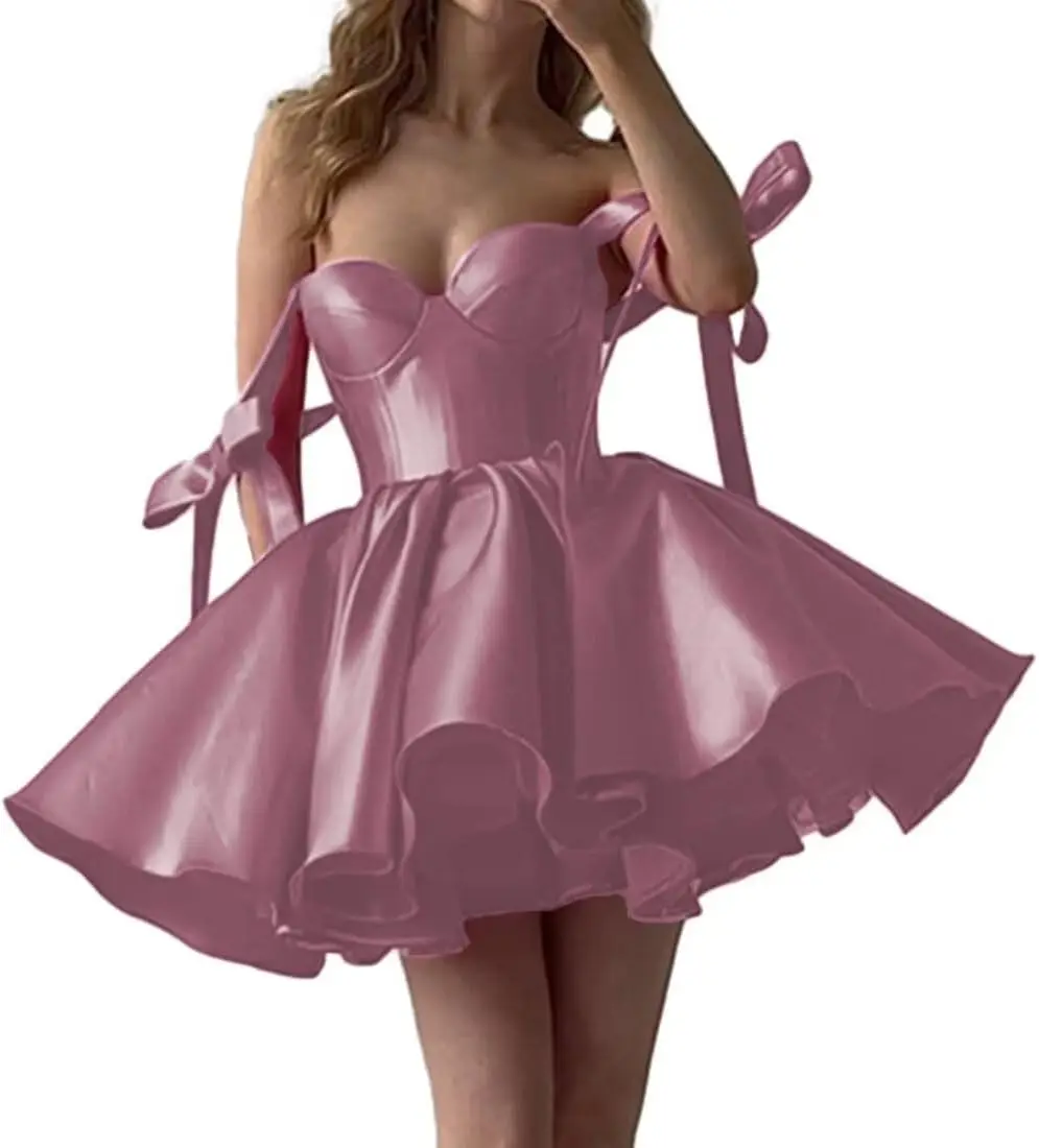 

Платья для встречи выпускников для подростков 2025 Блестящие короткие платья для выпускного вечера с бантом и карманами выше колена, мини-платья для выпускного вечера Бальное платье