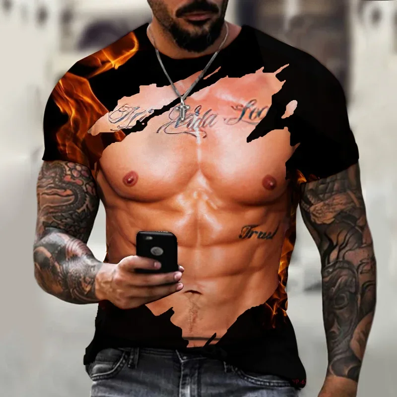 Trendy Men's 3D Optical Illusion Muscle Tattoo Print T-Shirt Fire Pattern Short Sleeve Tee Funny Fake Muscle Summer Top