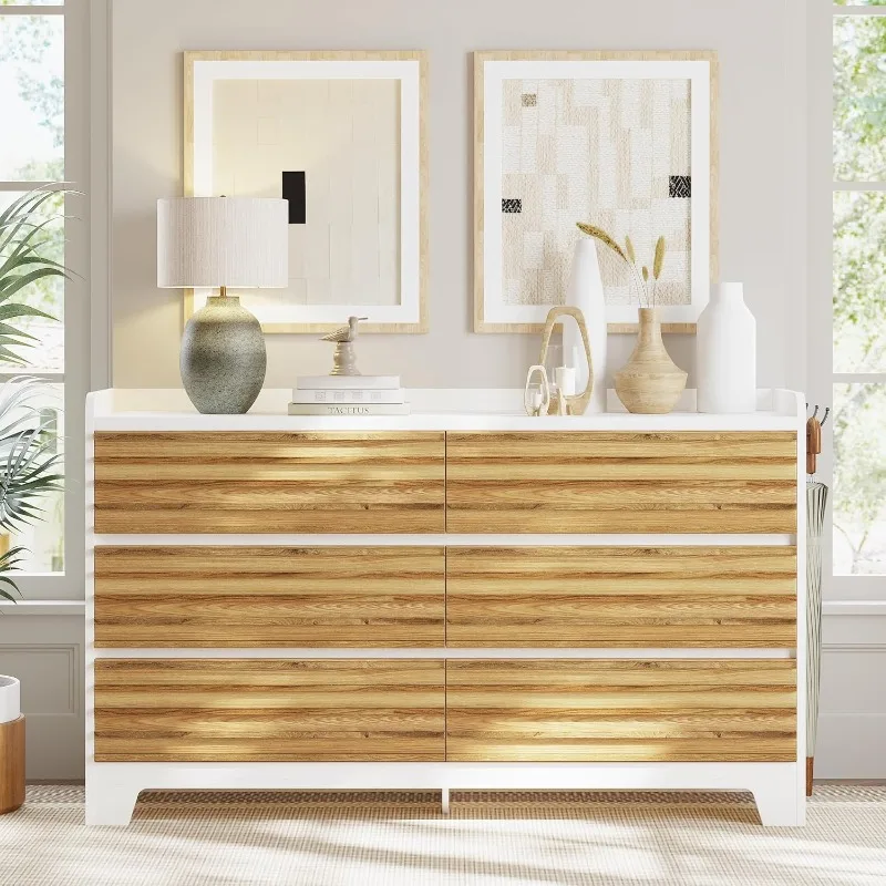 Комод с 6 ящиками для спальни и 3 крючками, деревянный комод шириной 59 дюймов с приподнятой столешницей
