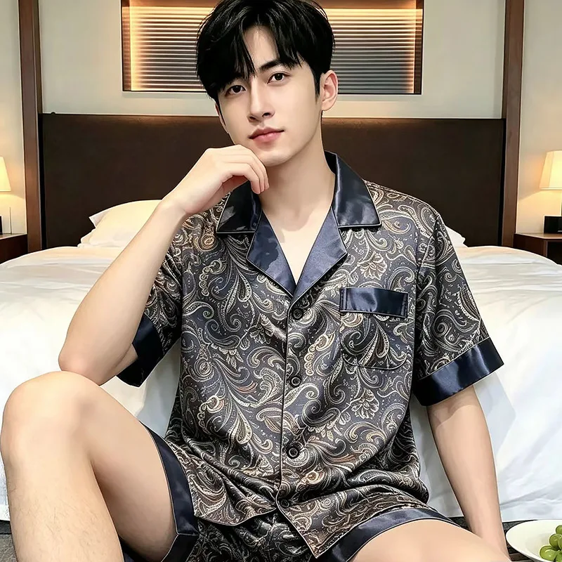 Long Sleeve Mens Stain Silk Pajama Sets and Short Sleeve Shorts Men Pijama Printed Pajamas Men Sleepwear Thin Silk Pajamas Sets