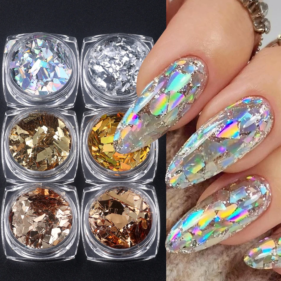 Flocons de paillettes pour ongles aurore irrégulières, mélange d'or et d'argent irisé, tranches cassées scintillantes, breloques à faire soi-même, décoration de manucure, 6 pièces