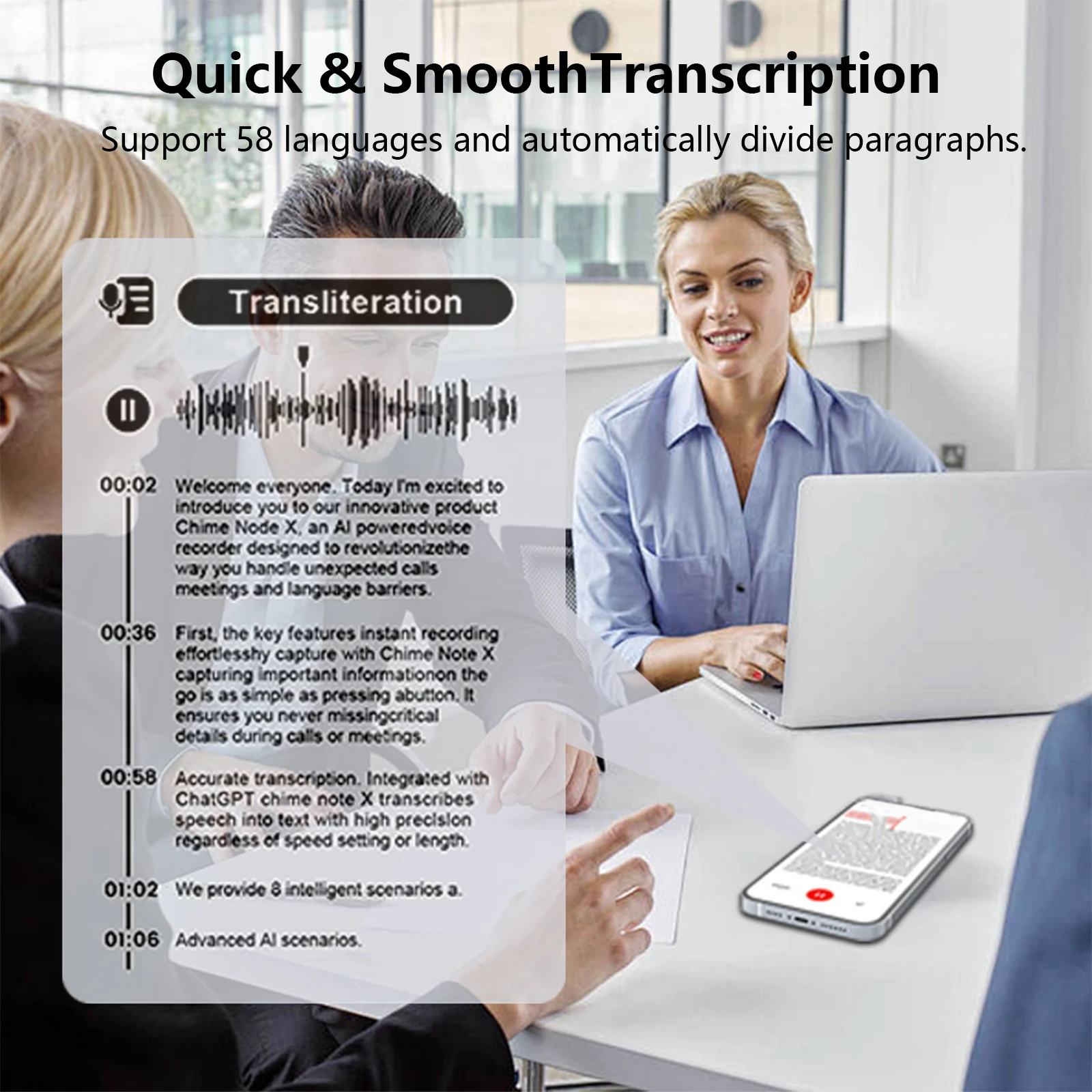 AI Voice Recorder with Real-Time Transcription & Translation Audio Recording Device App Control for Lectures Meetings Interviews