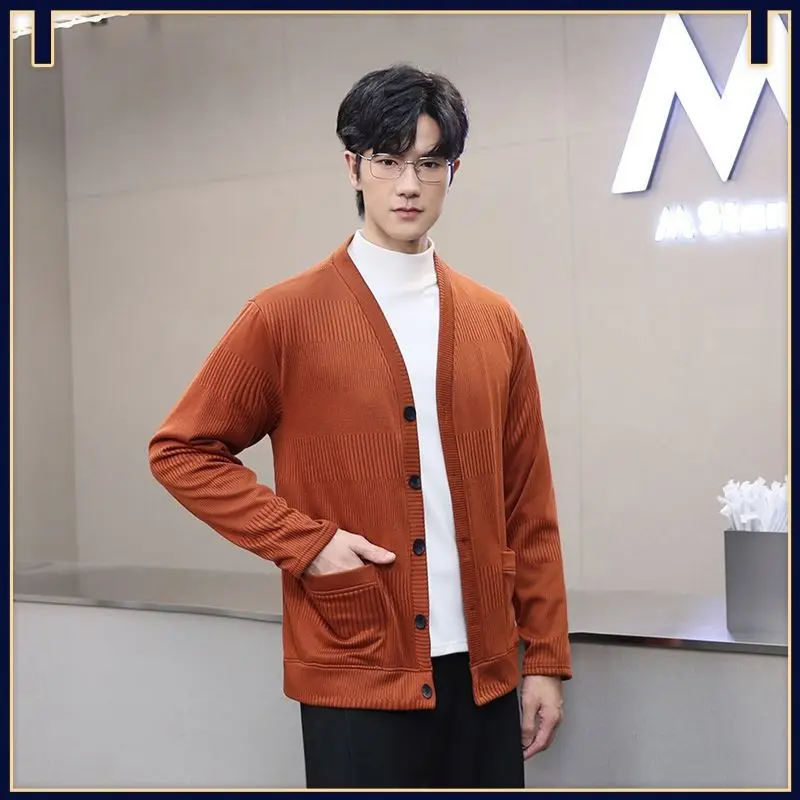 

Мужской вязаный свитер с v-образным вырезом, повседневный открытый кардиган с воротником в форме сердца, теплый легкий длинный све, полиэфирное волокно