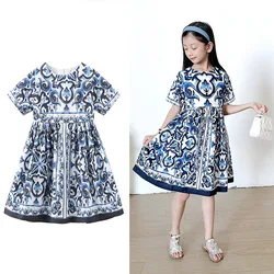 New Design Girls Dress Children Retro Short Sleeve Princess Dresses Kids Summer Printed Birthday Clothing Cotton Costumes