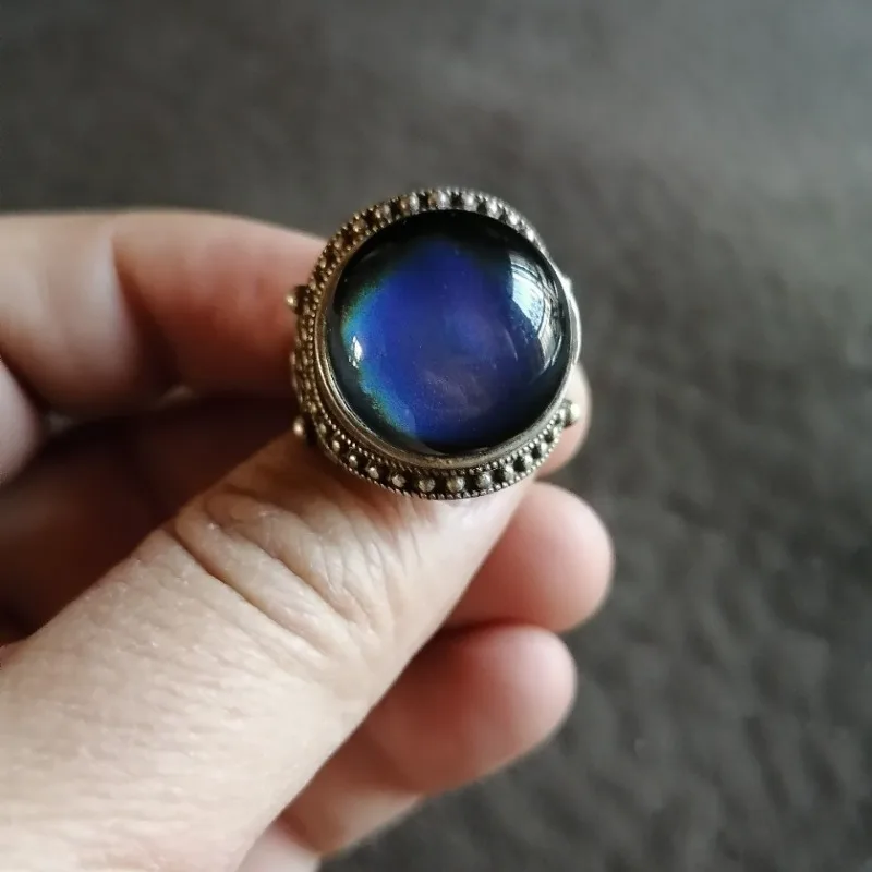 Boho Ethnic Statement Ring Vintage Tibetan Silver Style Blue Cat Eye Round Cabochon Ornate Beaded Frame Ring 3