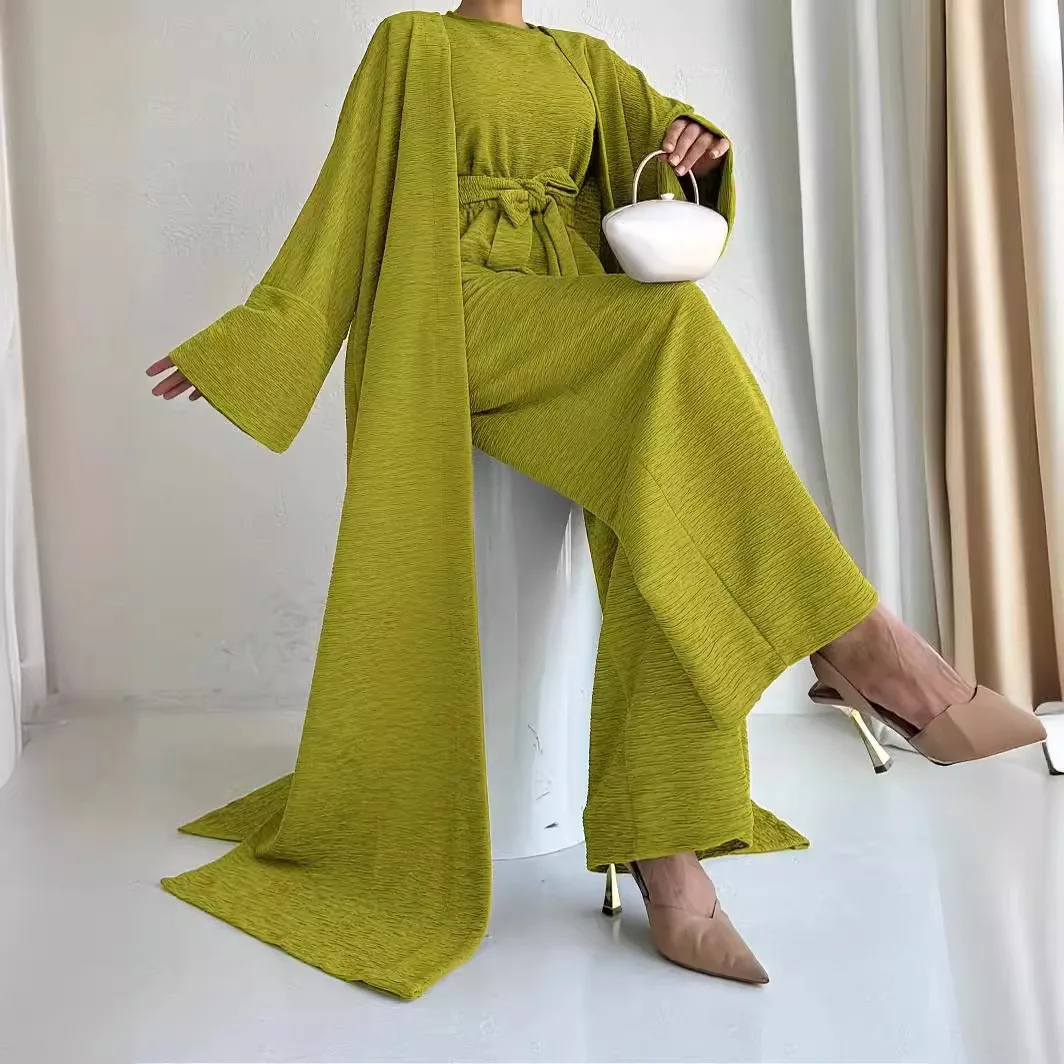 Eid Dubai Abayas Women Turkey Cardigan Muslim Long Robe Sets Islam Two Pieces Set Lace Up Tops Jumpsuit Suit Female Morocco