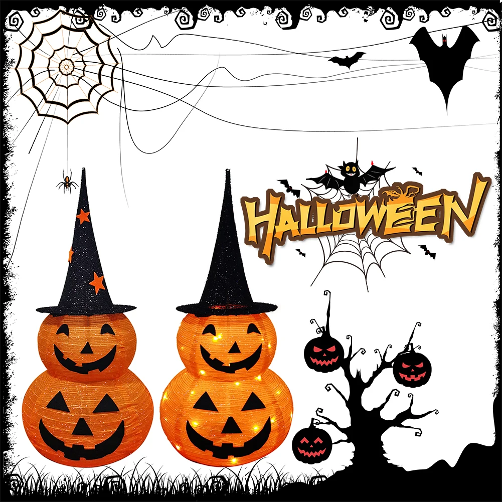 Halloween Opvouwbare Pompoen Met Ster Zwarte Hoge Hoed 3,1 Ft Halloween Pompoen Decoratie Oranje Led Licht Opvouwbare Pompoen