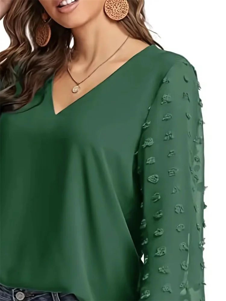 Women Spring Summer Style Blouses Shirts Lady Casual V-Neck Long Lantern Sleeve Solid color Blouse Tops DF5016