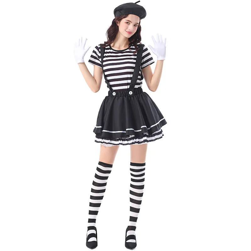 Costume da clown per donna adulta Costume da clown a righe Gonna da barboncino da clown Vestito da clown per performance in maschera per donna