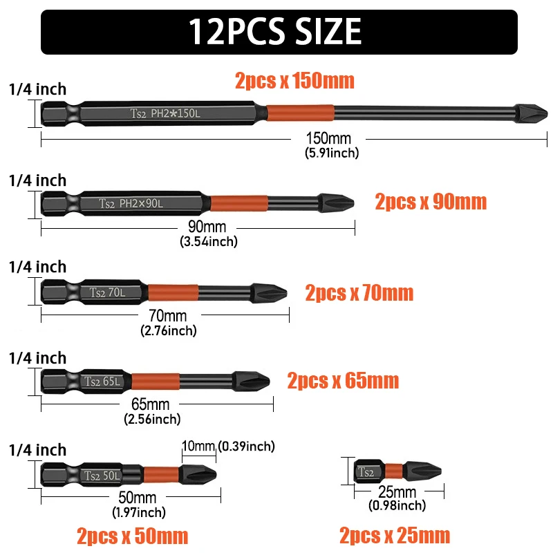 Junefor 12ピース/セット磁気バッチヘッドインパクト強力クロス2高硬度25/50/65/70/90/150 mmph2インパクトドライバービットセット