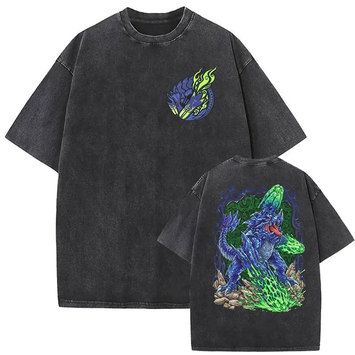 Y2k Monster Hunter Gore Magala Game Print Washed Distressed Short-sleeved T-shirt for Men and Women Pure Cotton