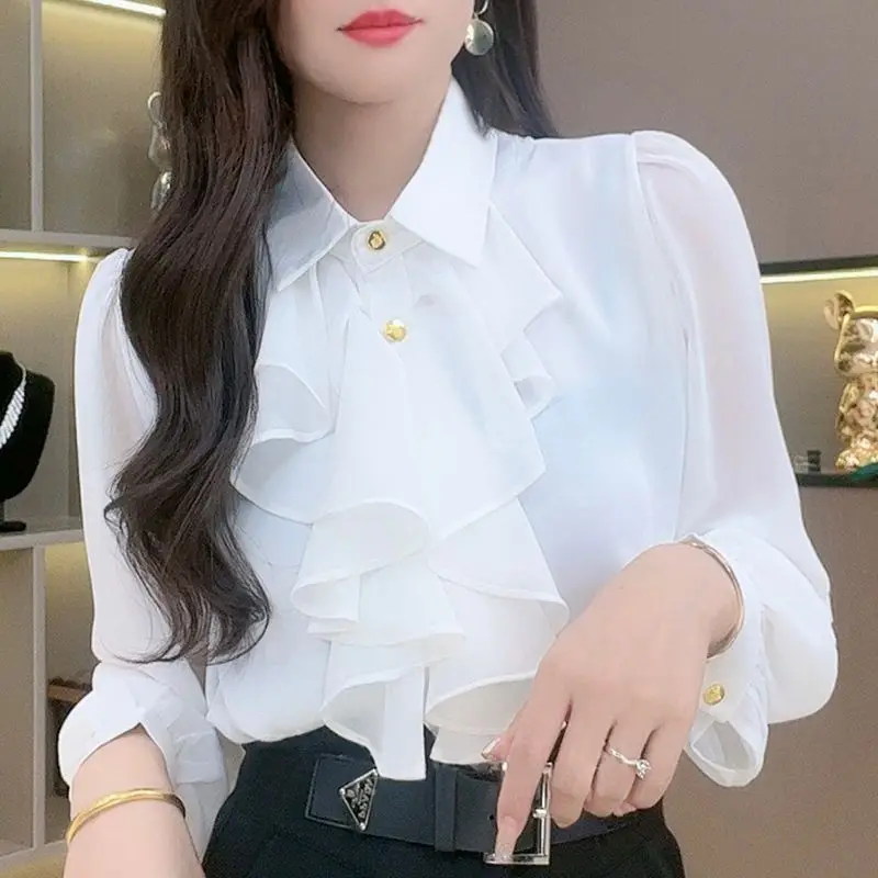 

Early Spring New High-quality Ruffled Edge Thin Shirt for Women Loose and Fashionable Versatile Base Casual Long Sleeves Shirt