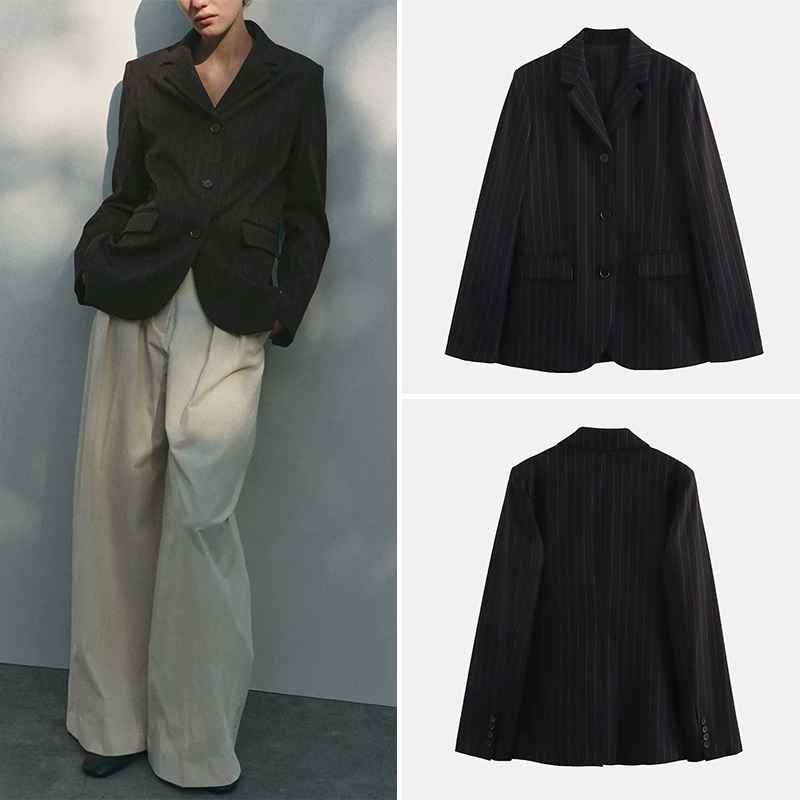

mat Striped Women's Suit Jaet Commute Sle Long Sve Polyester Fiber Regular Length Office Faion 2025 Spring