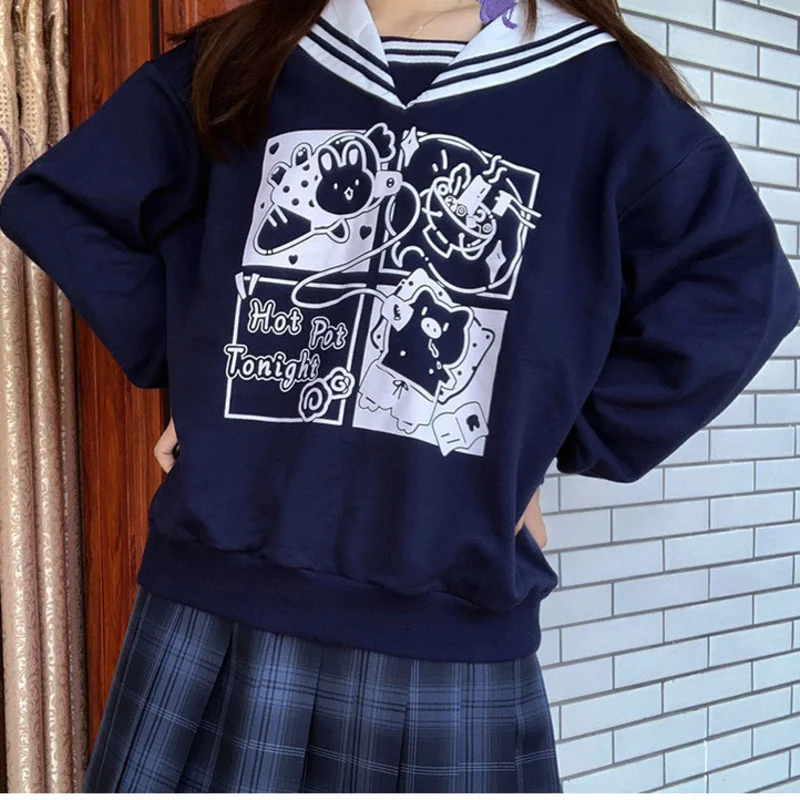 Japanese Preppy Style JK Student Teen Girl Casual Sweatshirt Patchwork Sailor Collar Cartoon Print Kawaii Hoodies Bestie Clothes