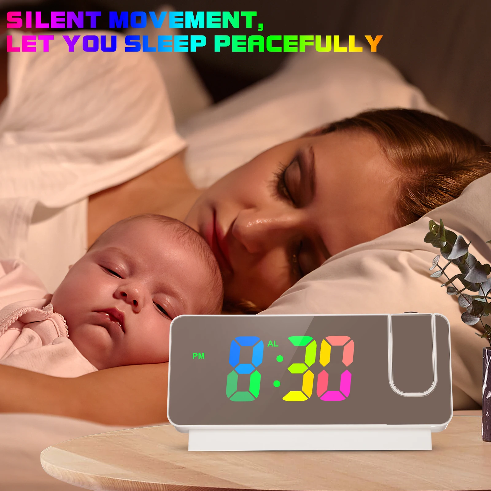 

Projection Alarm Clock White LED Display Digital Bedroom Timer Silent Movement Temperature Showing Real Time Date