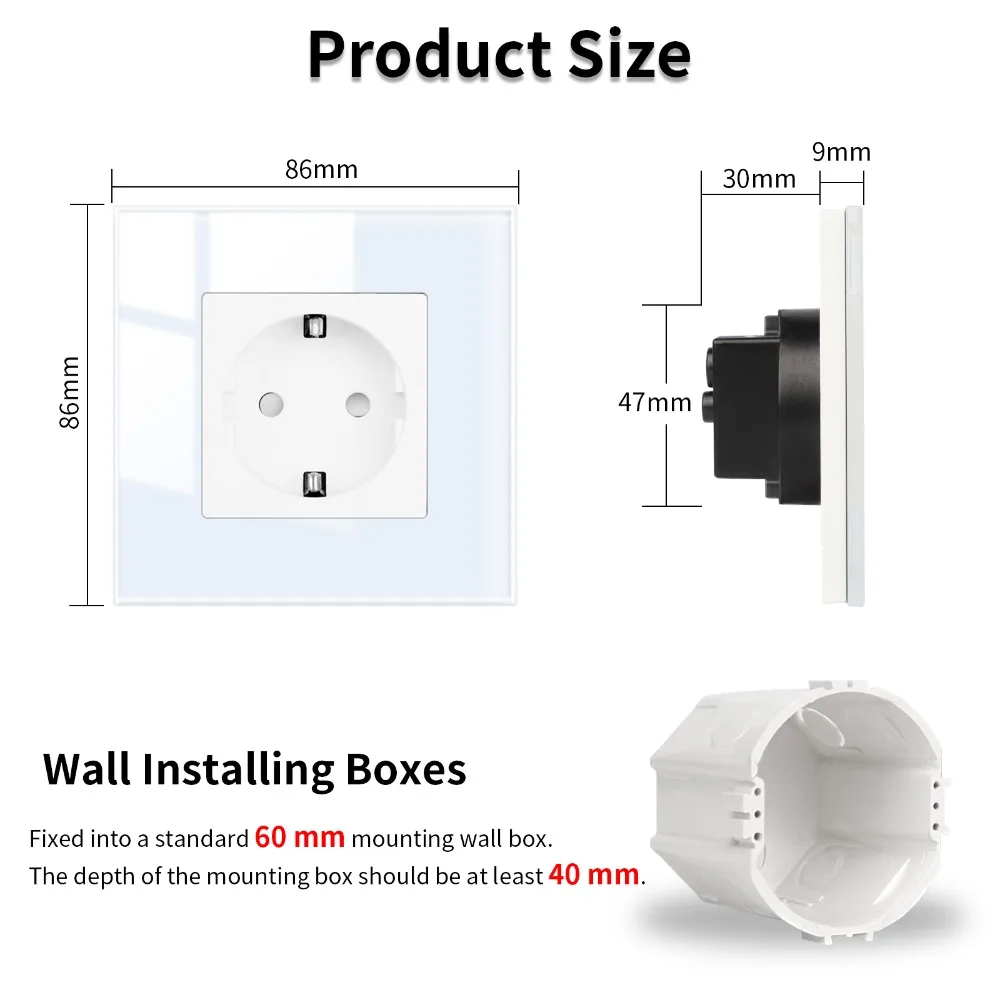 Bingoelec White Light Touch Switch and Wall Socket with Crystal Glass Panel Switches with Sockets for Home Improvement