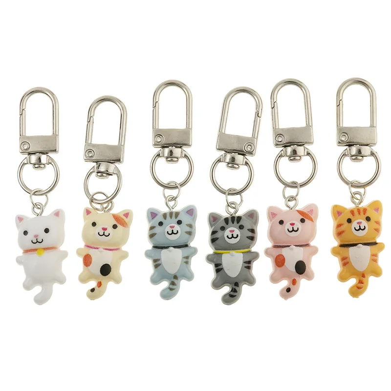 6pcs/set Cute Colorful Resin Cat Keychains Kawaii Cartoon Animal Backpack Pendants Sweet Car Keychain Keyring for Jewelry Gift