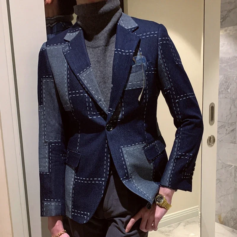 

High Quality Patchwork Geometric Print Blazer Vintage Blazer Hombre Casual Suit Men Jacket Spring Plaid Men Stylish Blazer