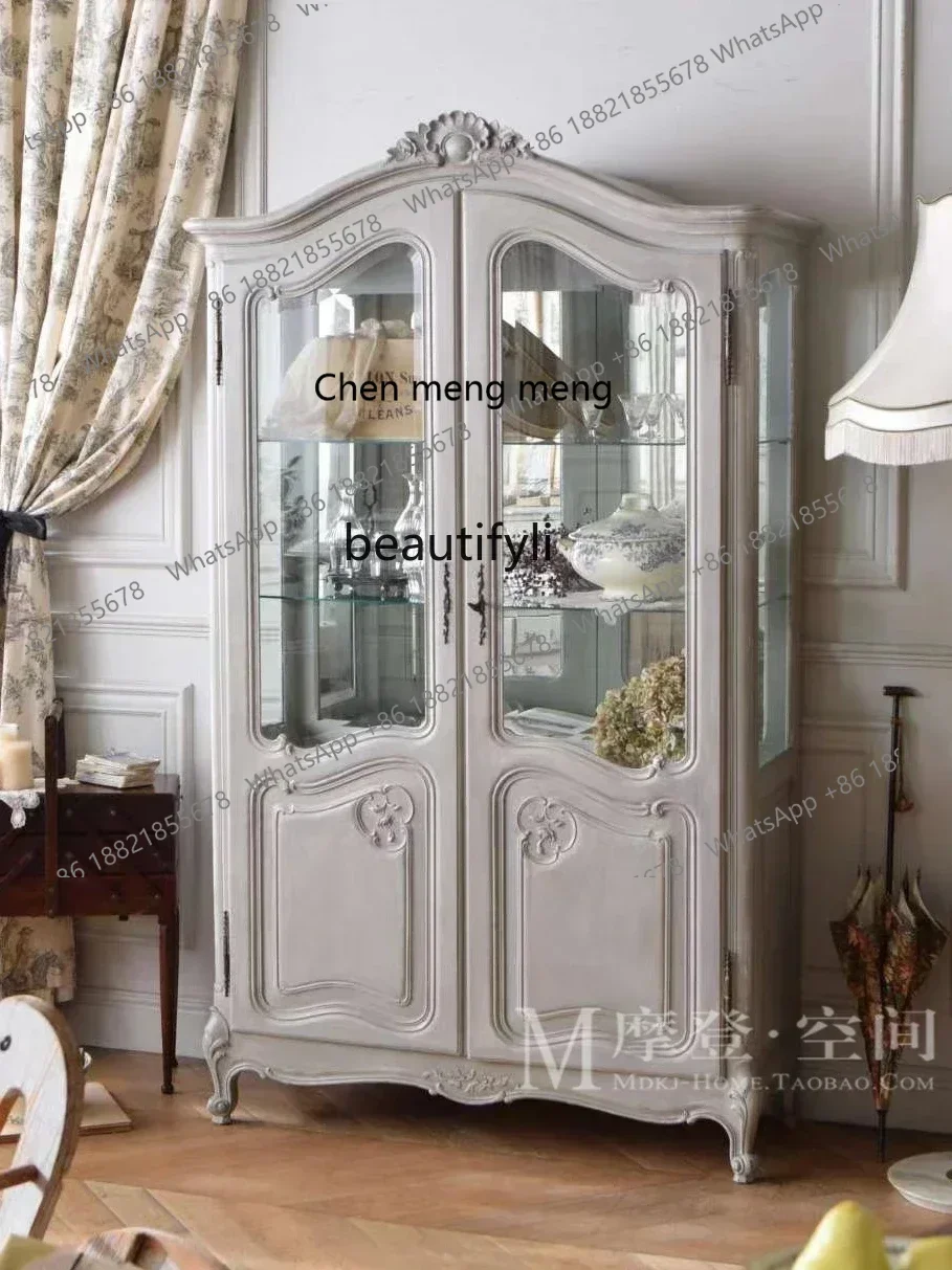 

182Q French American solid wood wine cabinet bookcase retro old dining side villa carving decorative display cabinet