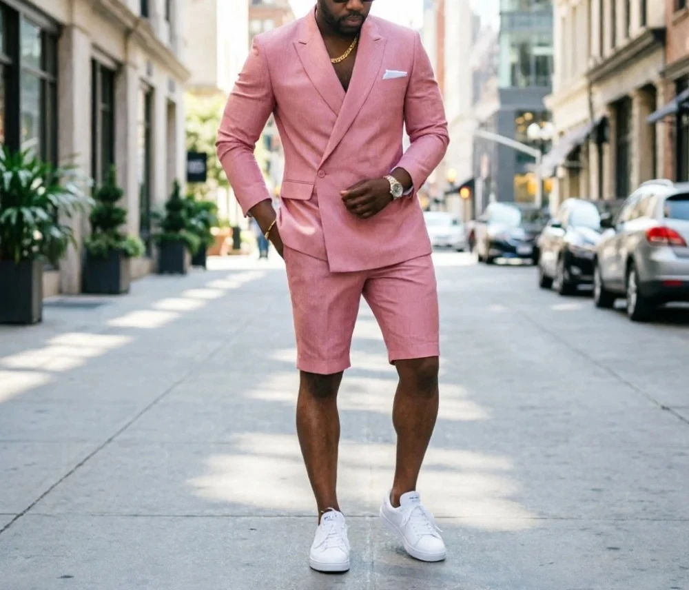 Sage Green Men 2 Piece Summer Suit With Short Pants Double Breasted Lightweight Casual For Beach Vacation Daily Wear Breathable