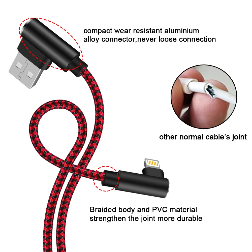 ANSEIP usb cable 90 grados 3A For iPhone14 13 12 11 Pro Max X XR 8 Plus Mobile Phone Fast Charging Cord Data Charger Wire