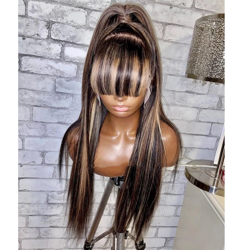 13X4 Spitze Frontal Perücke Fringe Blonde Highlight Gerade Spitze Front Menschliches Haar Perücken mit Pony Natürlichen Haaransatz PrePlucked Remy