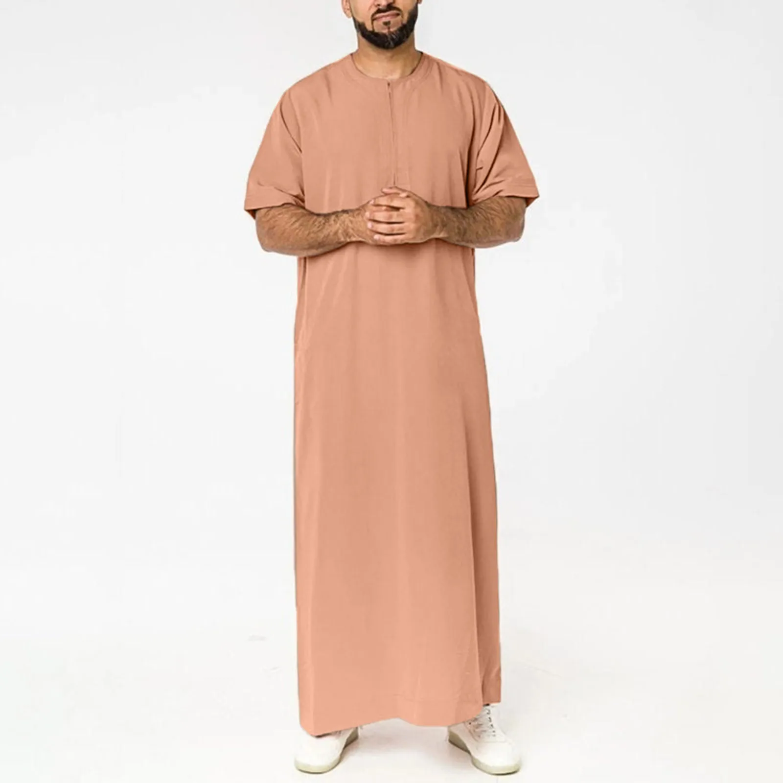 Thobe Jubba à manches courtes pour hommes, col rond, robe musulmane, Thobe Jubba, arabe, islamique, caftan, pakistanais, longues robes, fermeture éclair, solide