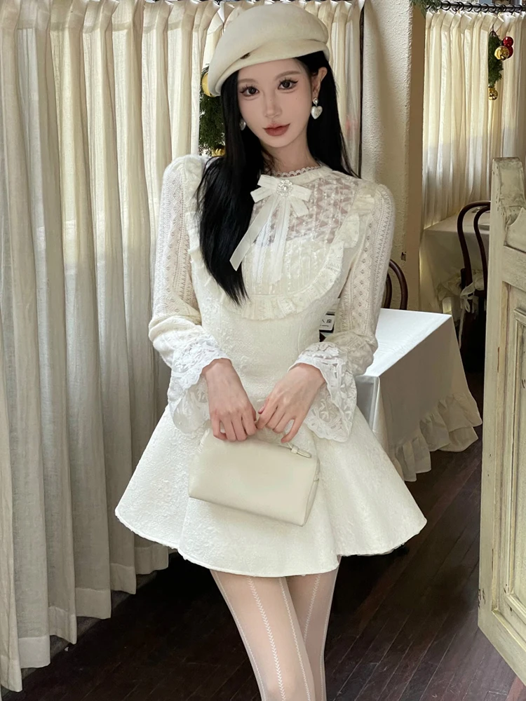 Herfst Winter Witte Jacquard Patchwork Kant Lange Mouw Jurk Vrouwen Koreaanse Chic Boog Kraag Jurk 2025, Elegante Chic Kawaii Jurk
