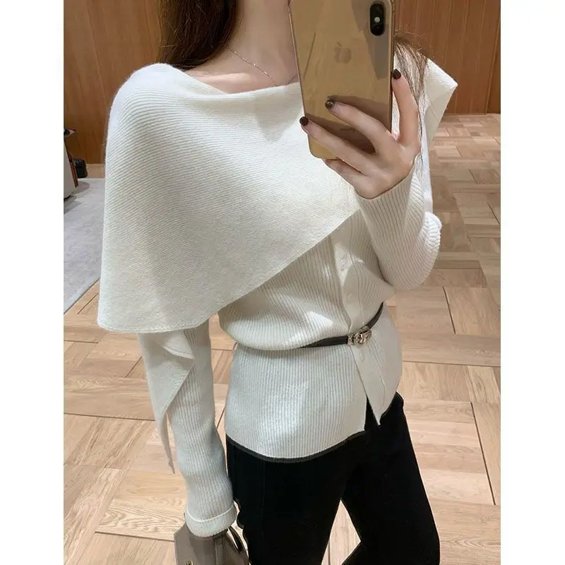 

Women's Knitted oulder Wrap Cowl Ne Sweater Asymmetrical Splicing Slimming Base irt Winter New Sle Ciwalk Faion