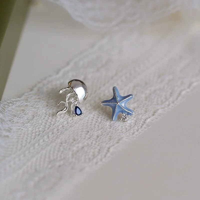 Cute Starfish Jellyfish Asymmetric Stud Earrings For Women Girl Metal Enamel Shell Earrings Sweet Romance Jewelry Gifts e1661