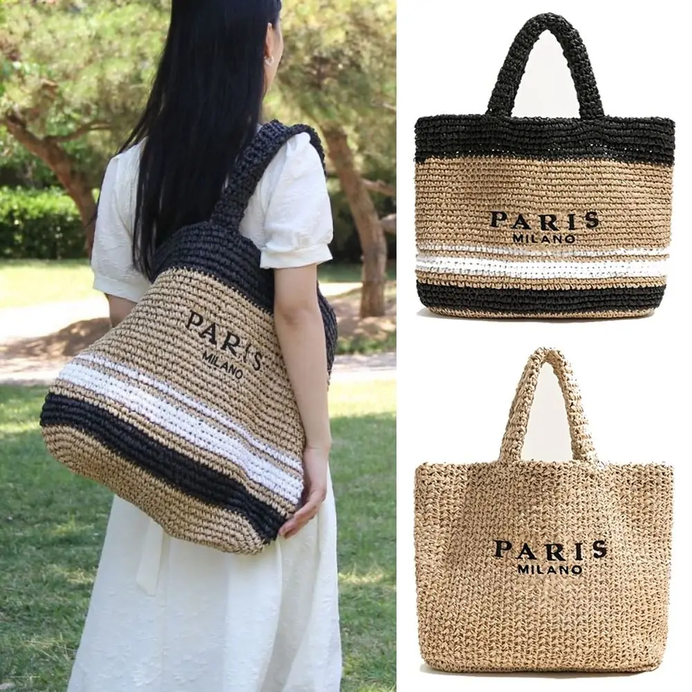 Bolso de mano de paja con letras de moda, bolsa de playa informal de gran capacidad, bolsas de compras grandes