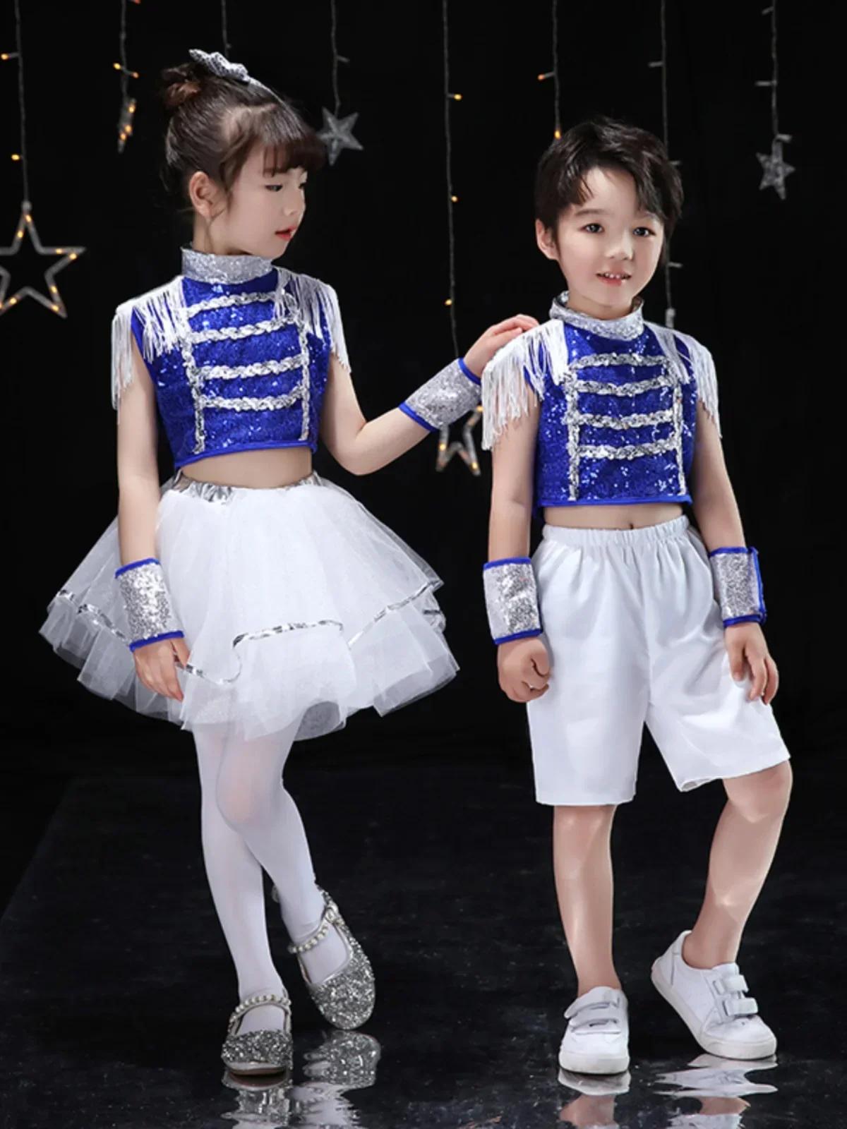 Net Red Children Jazz Cheerleading Dance Skirt Set Boys Girls Walk Show Table Modern Dance Hip Hop Sequin Performance Clothes