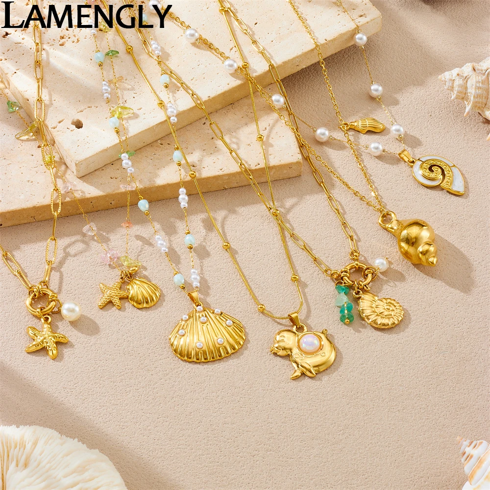 LAMENGLY 316L Stainless Steel Novel Trend Pearl Shell Starfish Conch Pendant Necklace Women Marine Animal Neck Chain Party Gifts