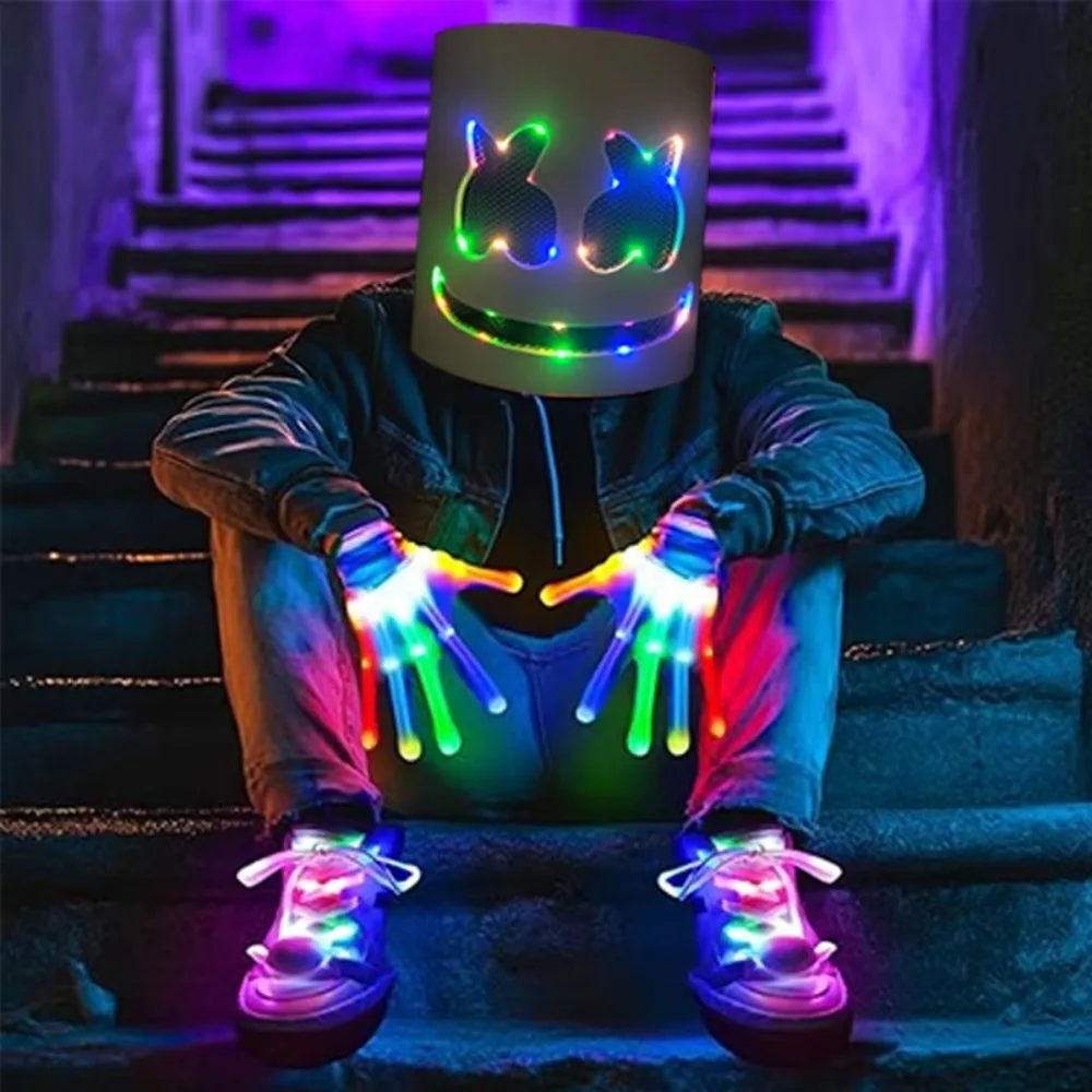

Cool LED Halloween Luminous Head Cover Glowing Plastic DJ Marshmallow Mask Neon Universal Cosplay Headgear Night Club