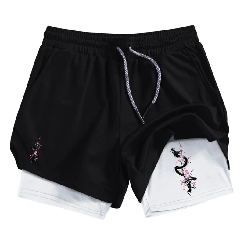 Samurai Print 2 in 1 Performance Shorts for Men Athletic Quick Dry Shorts with Phone Pocket Summer Gym Workout Running Shorts