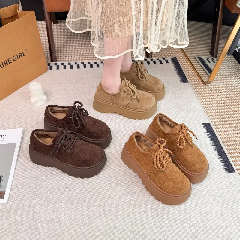 

Fashion Platform Suede Women Loafers Casual Female Shoe Flat Bottom Autumn Lace Up Thick-soled Heightened Soft Pumps Heels Women