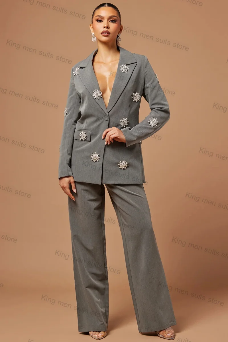 Crystals Grey Women Suit Pants Set 2 Piece Blazer+Trouser Formal Office Lady Jacket Tailored Made Prom Dress V  Neck Coat