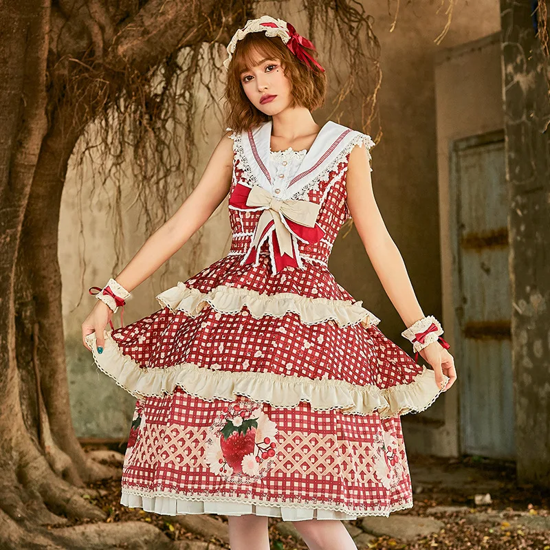 

Halloween Costume Strawberry Story JK Style Sleeveless Lolita Plaid Cherry Flower Cake Dress for Women Student Maid Outfit